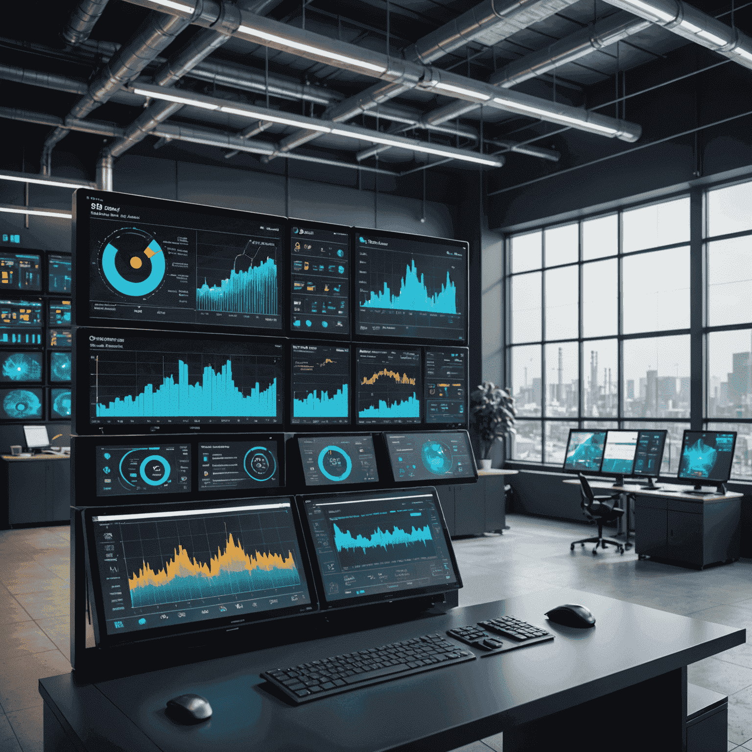 Reprezentare vizuală a unui sistem de management energetic avansat, cu ecrane holografice afișând grafice și date în timp real, suprapuse peste o imagine a unei centrale electrice moderne.