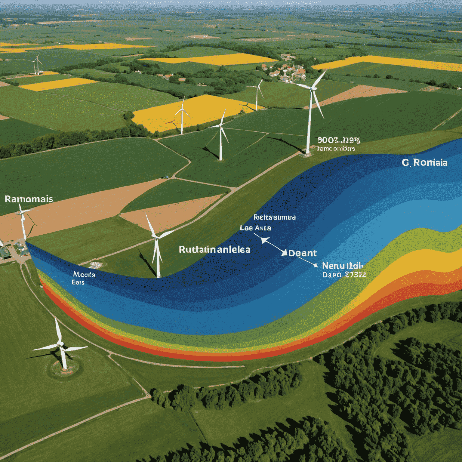 Grafic interactiv care prezintă creșterea procentuală a energiei regenerabile în mixul energetic al României în ultimii 10 ani, cu proiecții pentru următorul deceniu